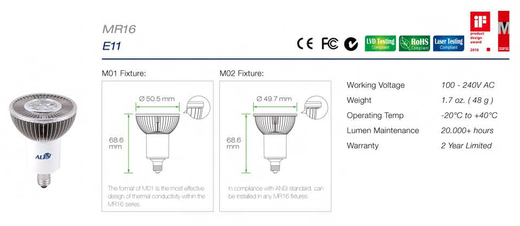 Led E11 spotjes specificaties en afmetingen