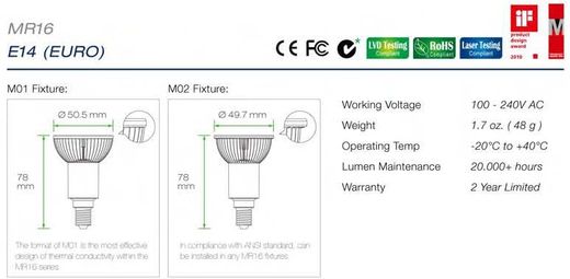 Led E14 spotjes MR16 specificaties en afmetingen