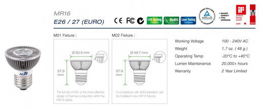 Led E27 MR16 spots specificaties en afmetingen