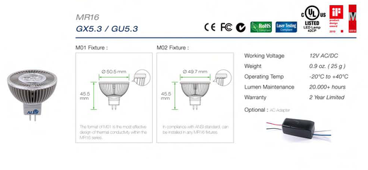 Led GU5.3 spotjes specificaties en afmetingen