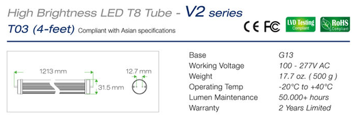 Led buis T8 120cm tl specificaties en afmetingen